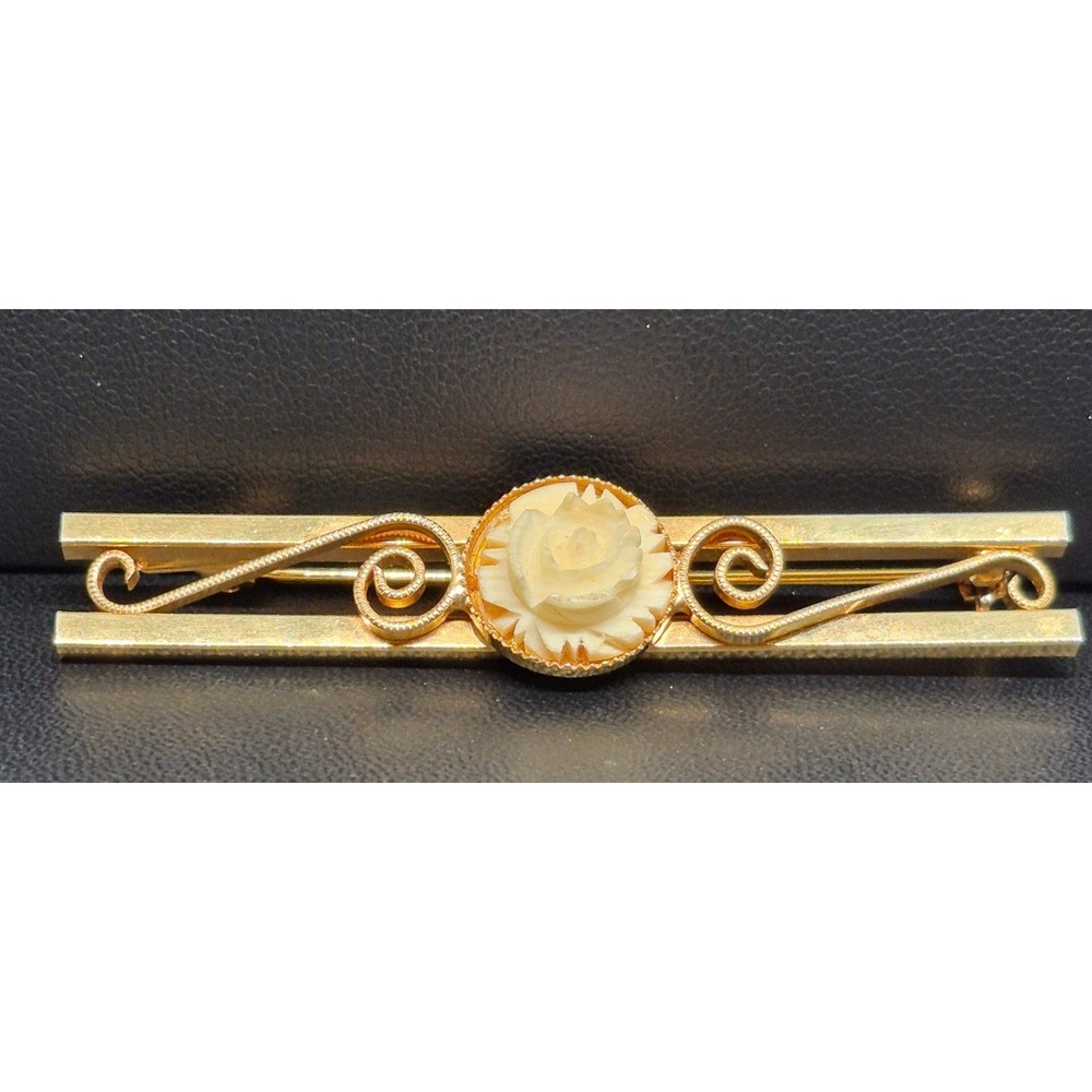 Vintage Bar Brooch Gold Tone Carved Rose Filigree Scrollwork Pin 30's